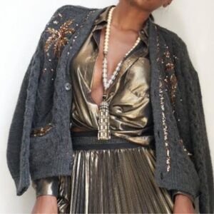 $498 Le Superbe Paradise Cable Knit Cardigan in Charcoal Size S